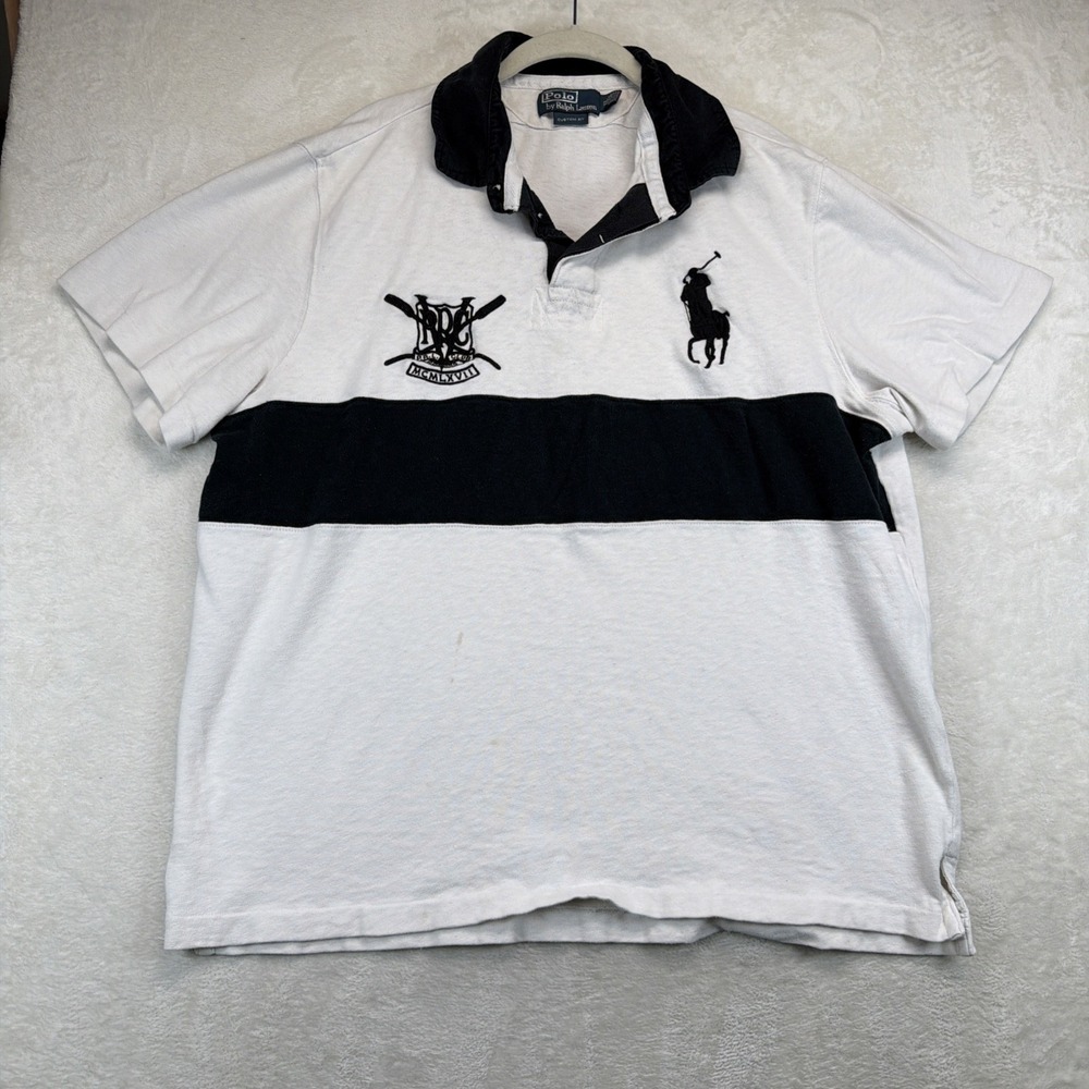 Polo Ralph Lauren Mens XL Rugby Polo Shirt Big Pony Crest White Navy Custom Fit